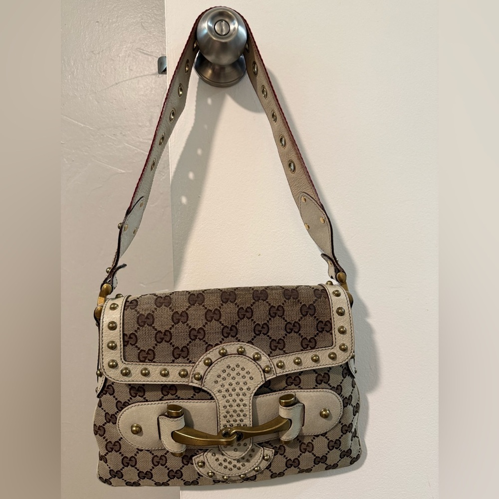 Vintage Gucci Cream and Brown Shoulder Bag with GG Monogram